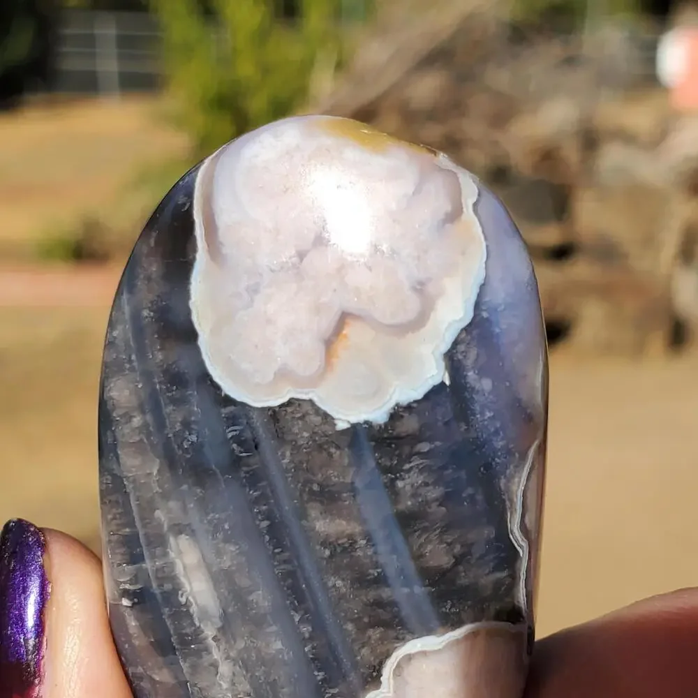 Blue Flower Blossom Agate Translucent Palmstone Crystal 68 grams
